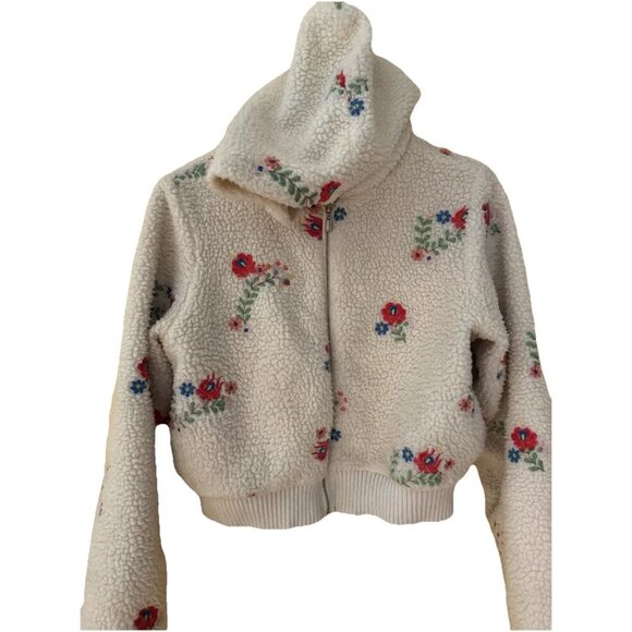 Urban Outfitter Sherpa Jacket Medium Nature Flower Hood Ribbed Waistband Zipper - Picture 10 of 15
